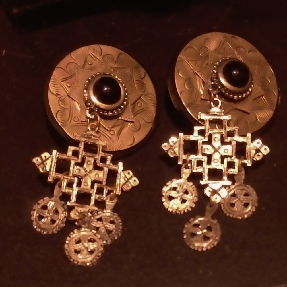 Intricate Black and Brass Geometric Earrings